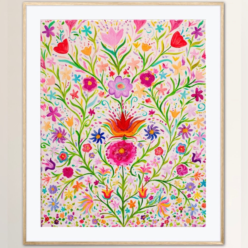 Flower Folk Art Print of Oil Painting Scandinavian whimsical colorful floral - Picture 1 of 7